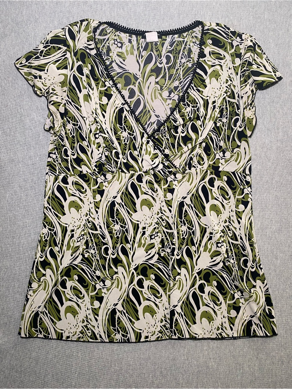 Y2K Whimsigoth Top Green Cream Swirl Faux Wrap Empire Waist Blouse 2X